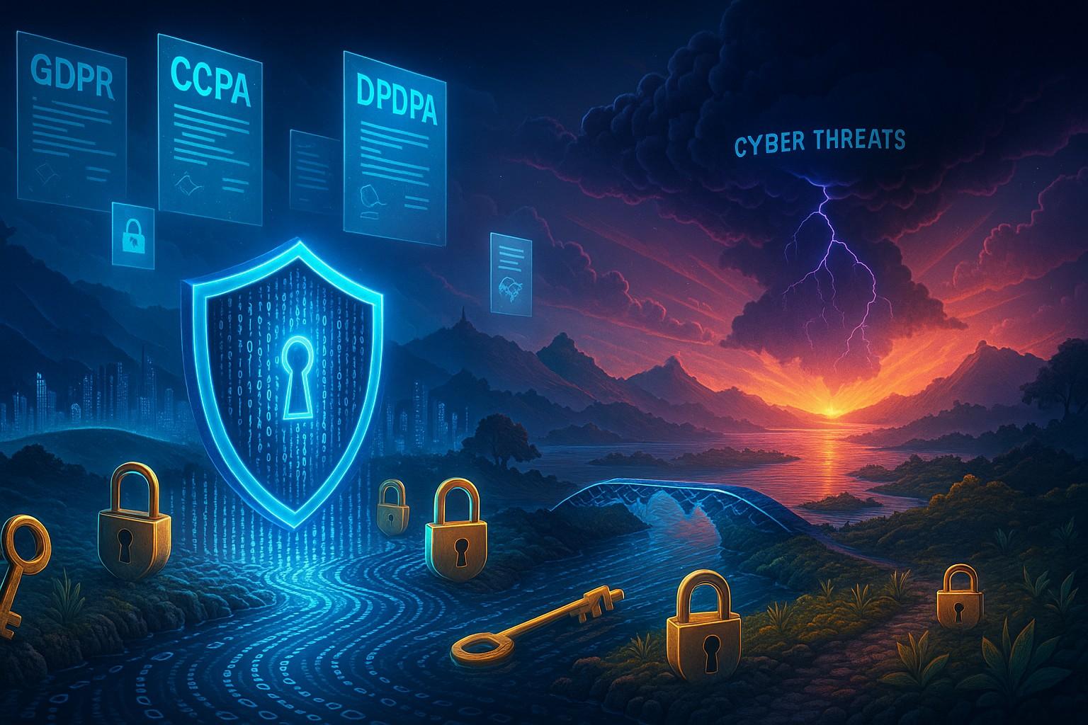 Global data privacy laws GDPR, CCPA, and DPDPA protecting digital world from cyber threats - Conceptual illustration
