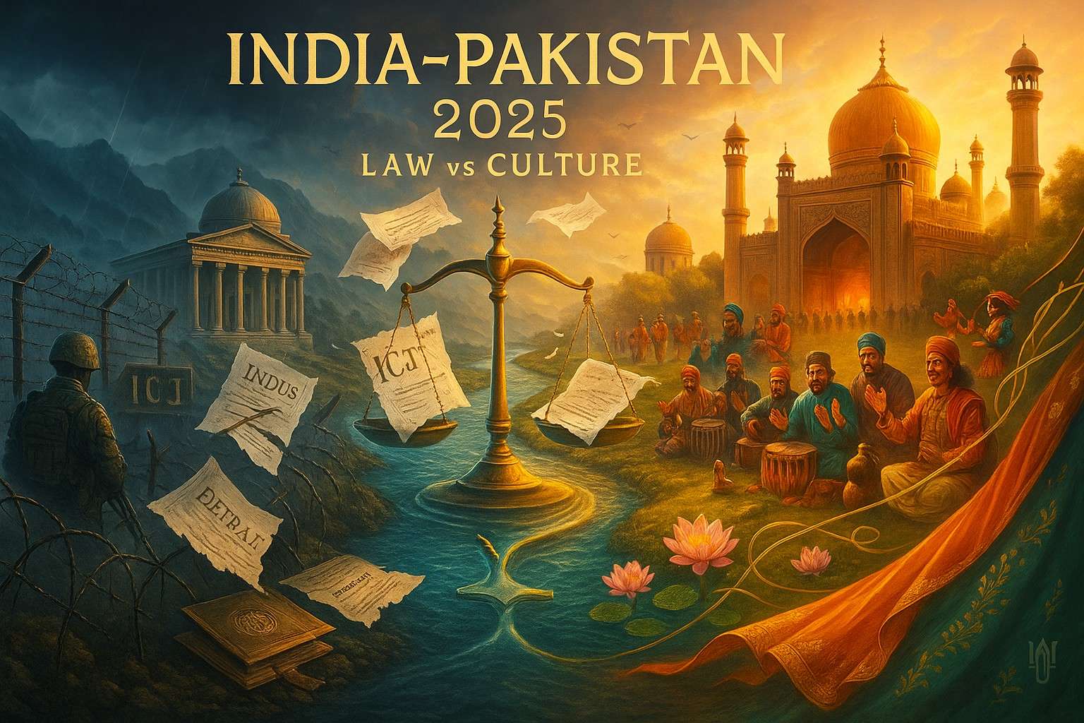 India-Pakistan relations 2025: Legal conflict (Kashmir barbed wire, ICJ documents) vs cultural unity (Sufi shrine, cricket match) divided by Indus River - Symbolic illustration
