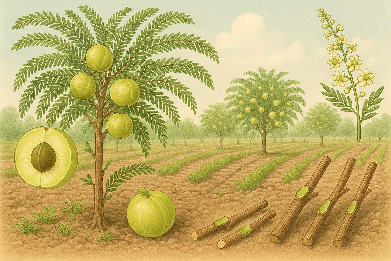 Scientific cultivation of Aonla (Emblica officinalis) in India – detailed landscape showing orchard layout, grafted trees, fruit development stages, irrigation, pruning, flowering, harvesting, and post-harvest processes of Indian Gooseberry farming