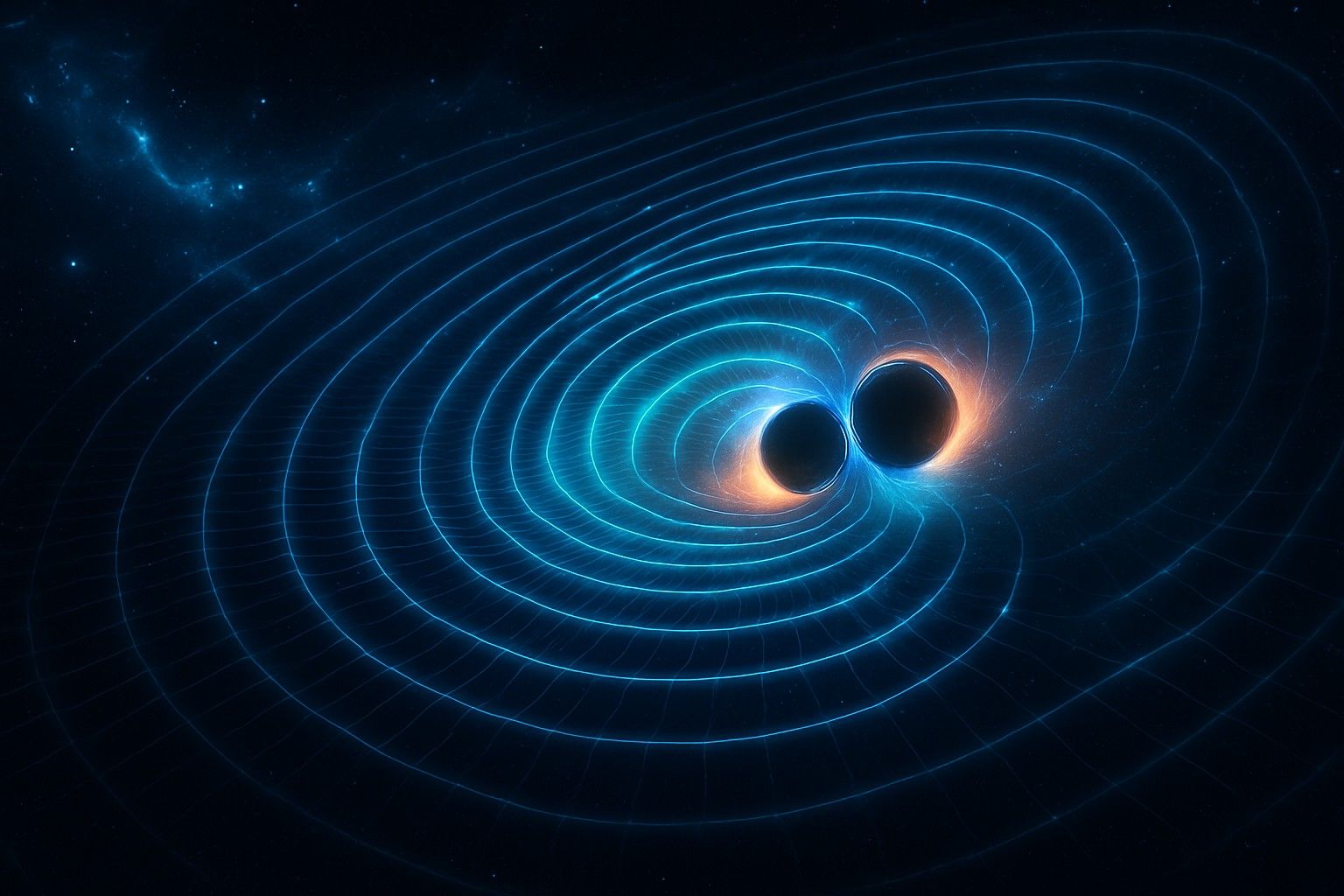 Illustration of gravitational waves as ripples in spacetime caused by black hole collisions