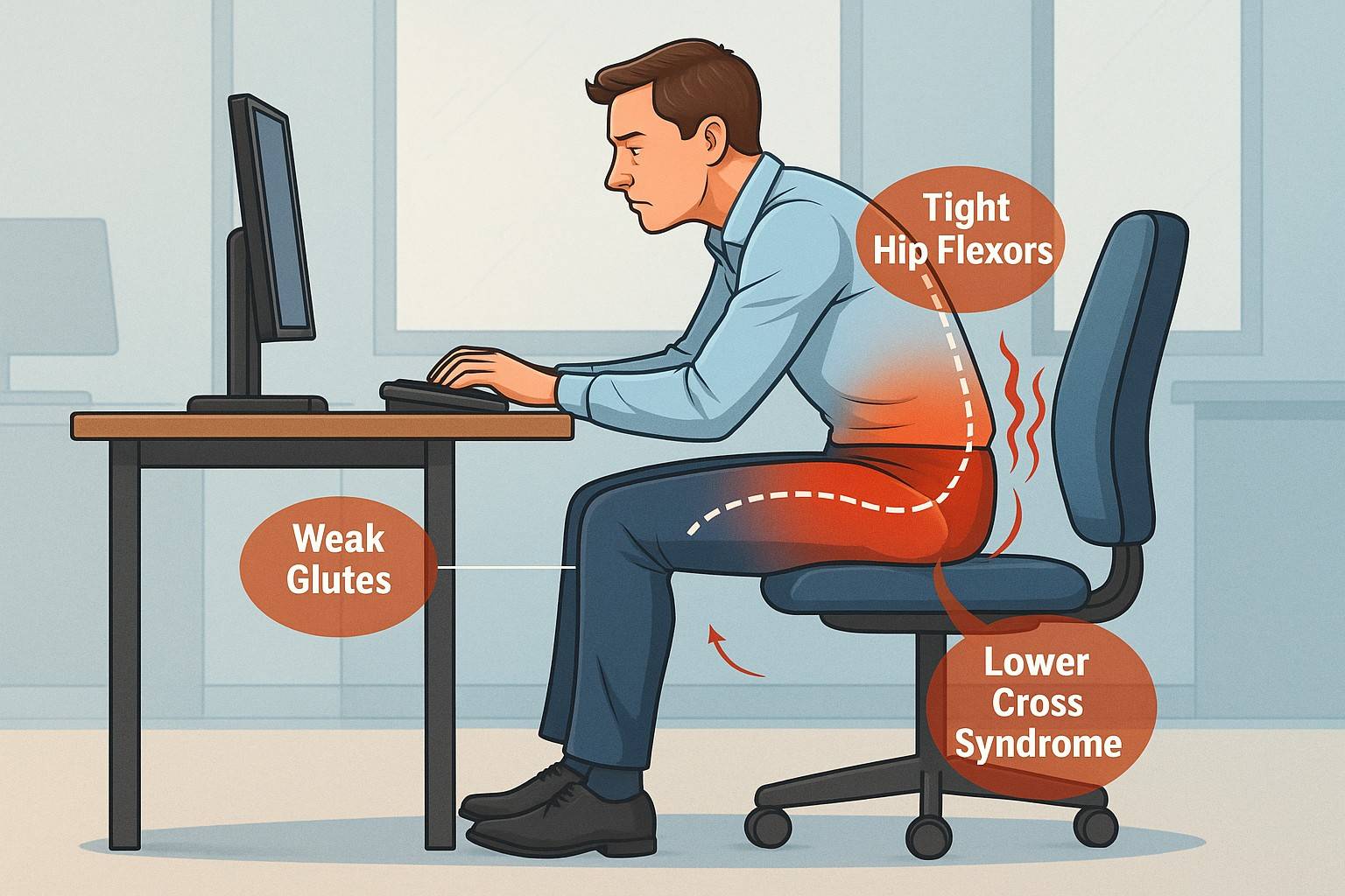 Illustration of poor office posture contributing to Lower Cross Syndrome with highlighted muscle imbalances
