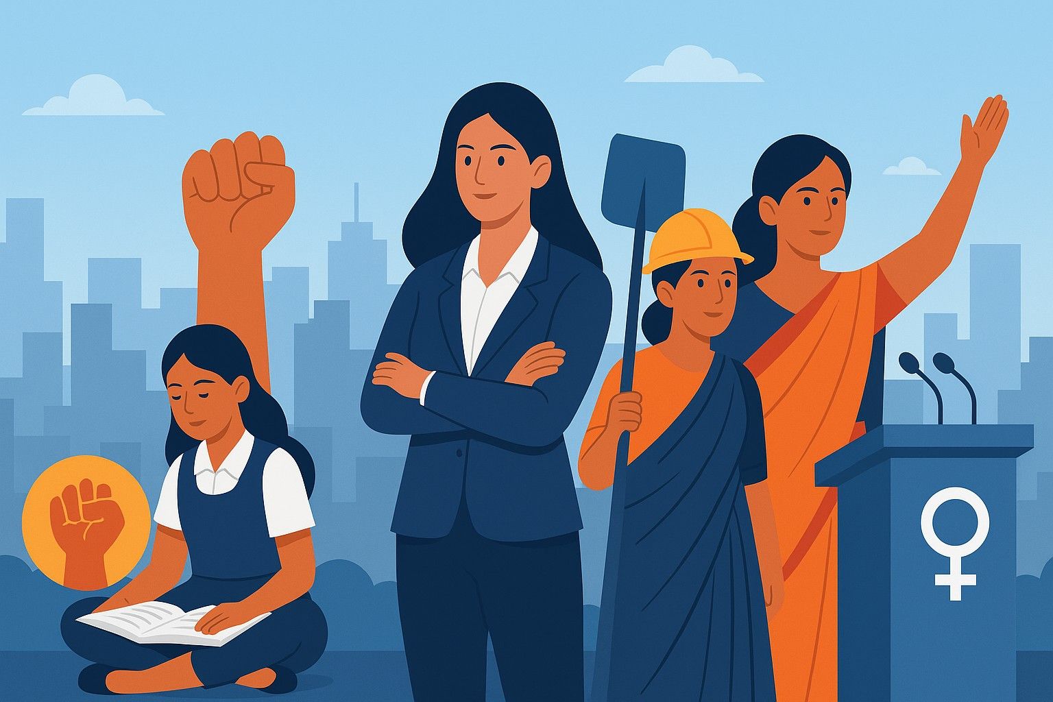 Illustration of empowered Indian women across various sectors including education, employment, and politics—symbolizing gender equality in India