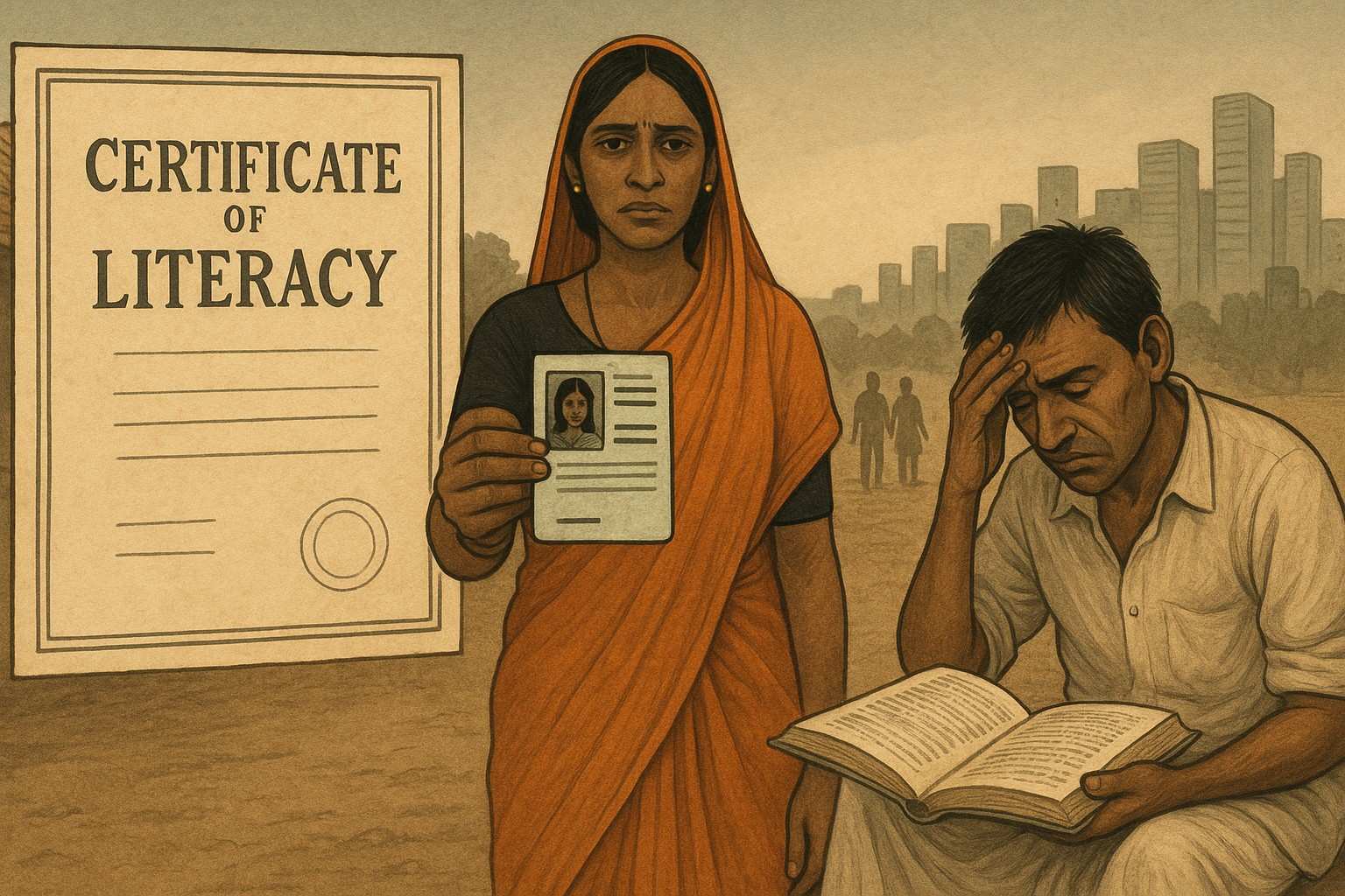 A realistic digital illustration representing the concept of hidden illiteracy in India, featuring a contrast between school-going children with books and a background of neglected educational infrastructure and rural hardship.