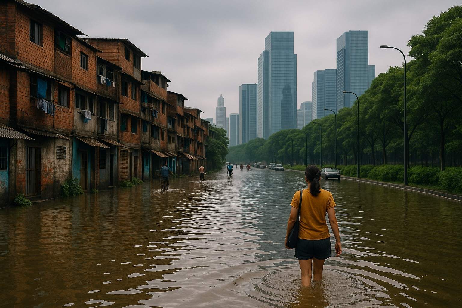 A flooded urban street during a heavy monsoon, with people wading through knee-deep water, surrounded by submerged buildings and vehicles, highlighting the impact of climate change on vulnerable city infrastructure.