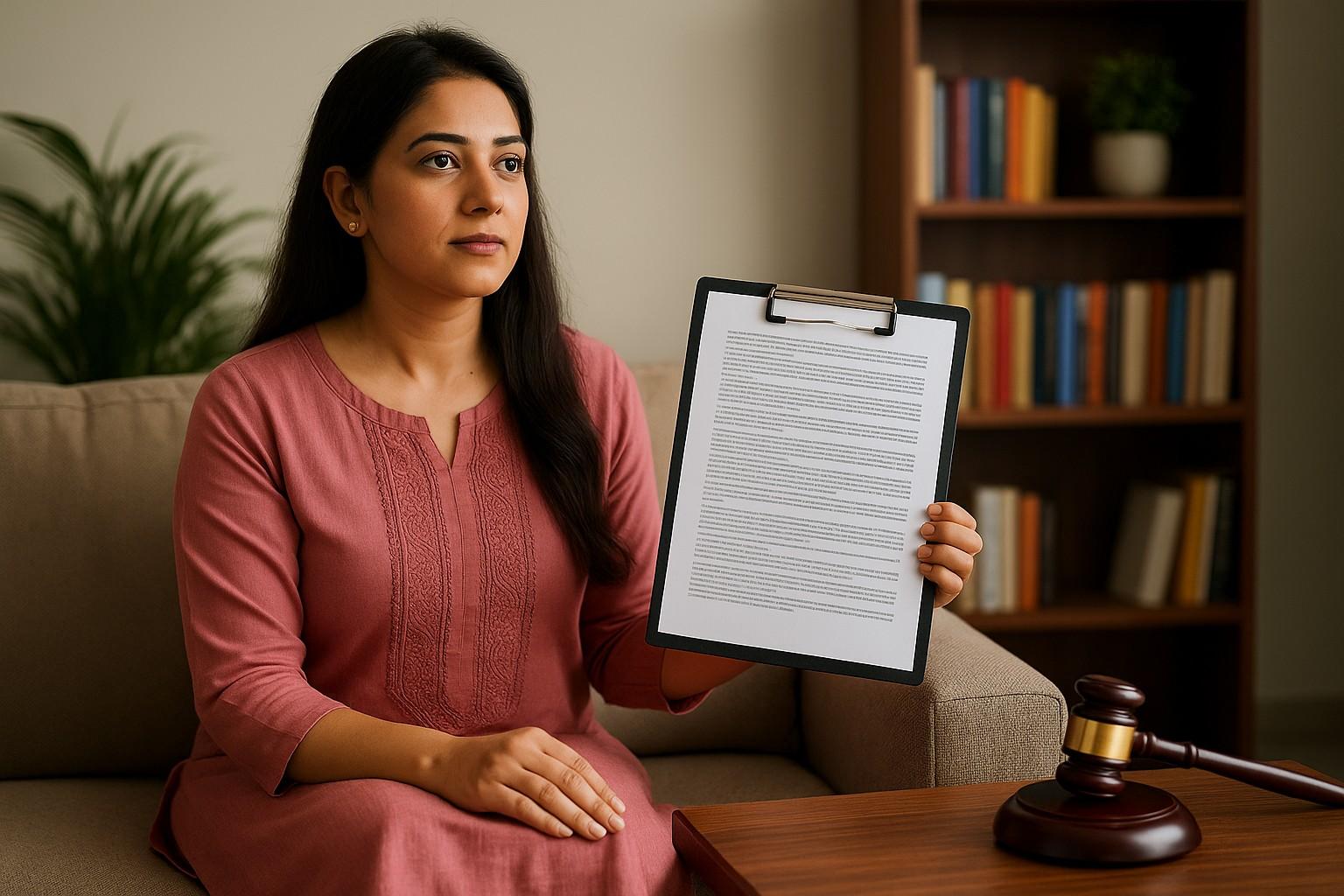 South Asian woman standing confidently in front of a traditional Indian house with legal documents and symbols of justice, representing women's inheritance rights after the Hindu Succession Amendment Act, 2005.