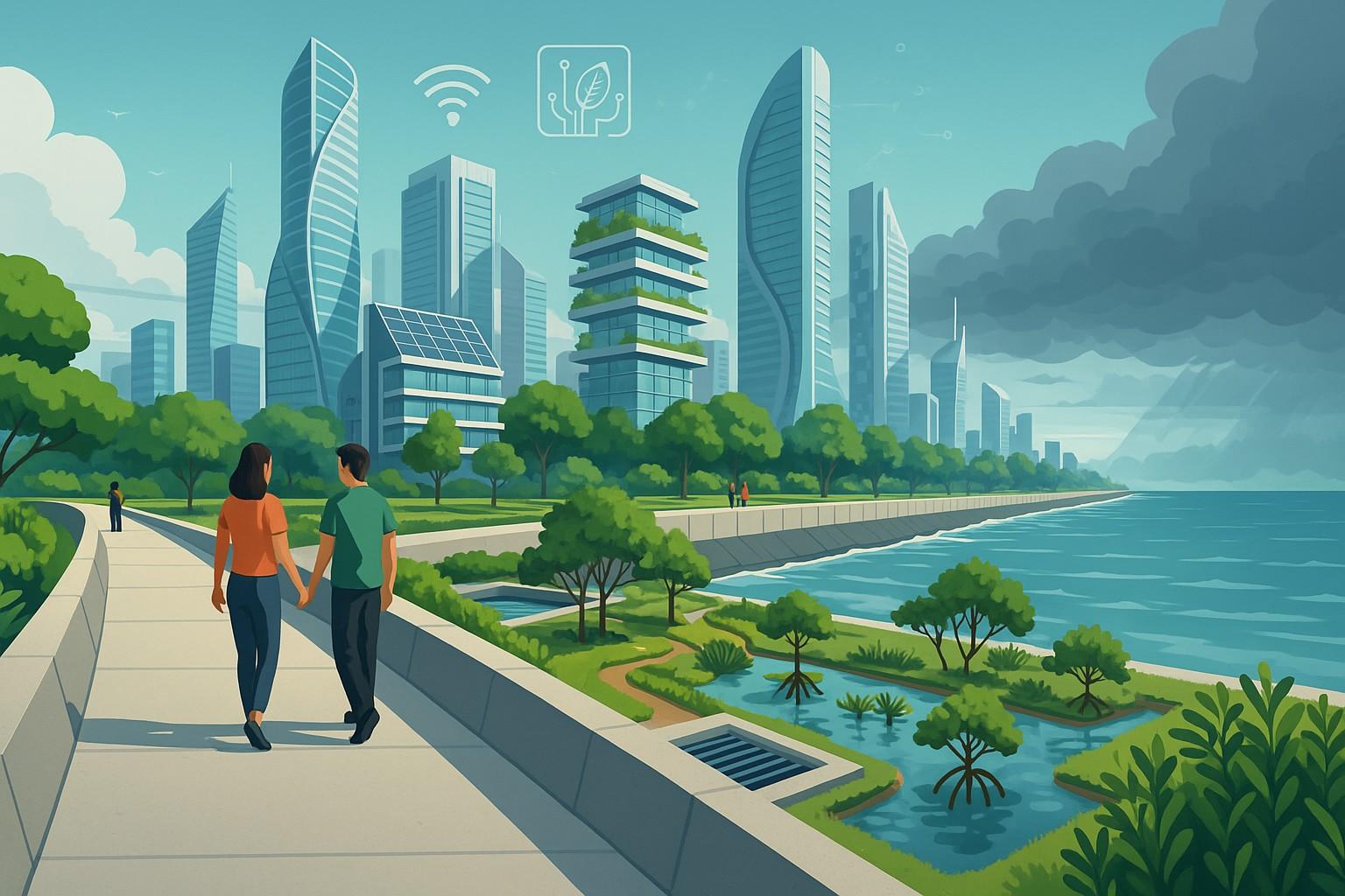 A futuristic coastal city with elevated infrastructure, green spaces, and resilient urban design illustrating climate change adaptation strategies.
