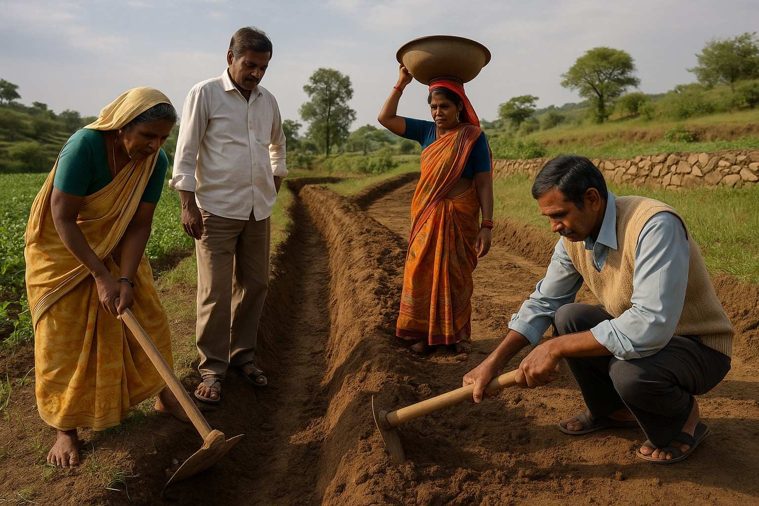 A high-resolution landscape showing rural Indian villagers engaging in watershed management activities like soil conservation and water harvesting.