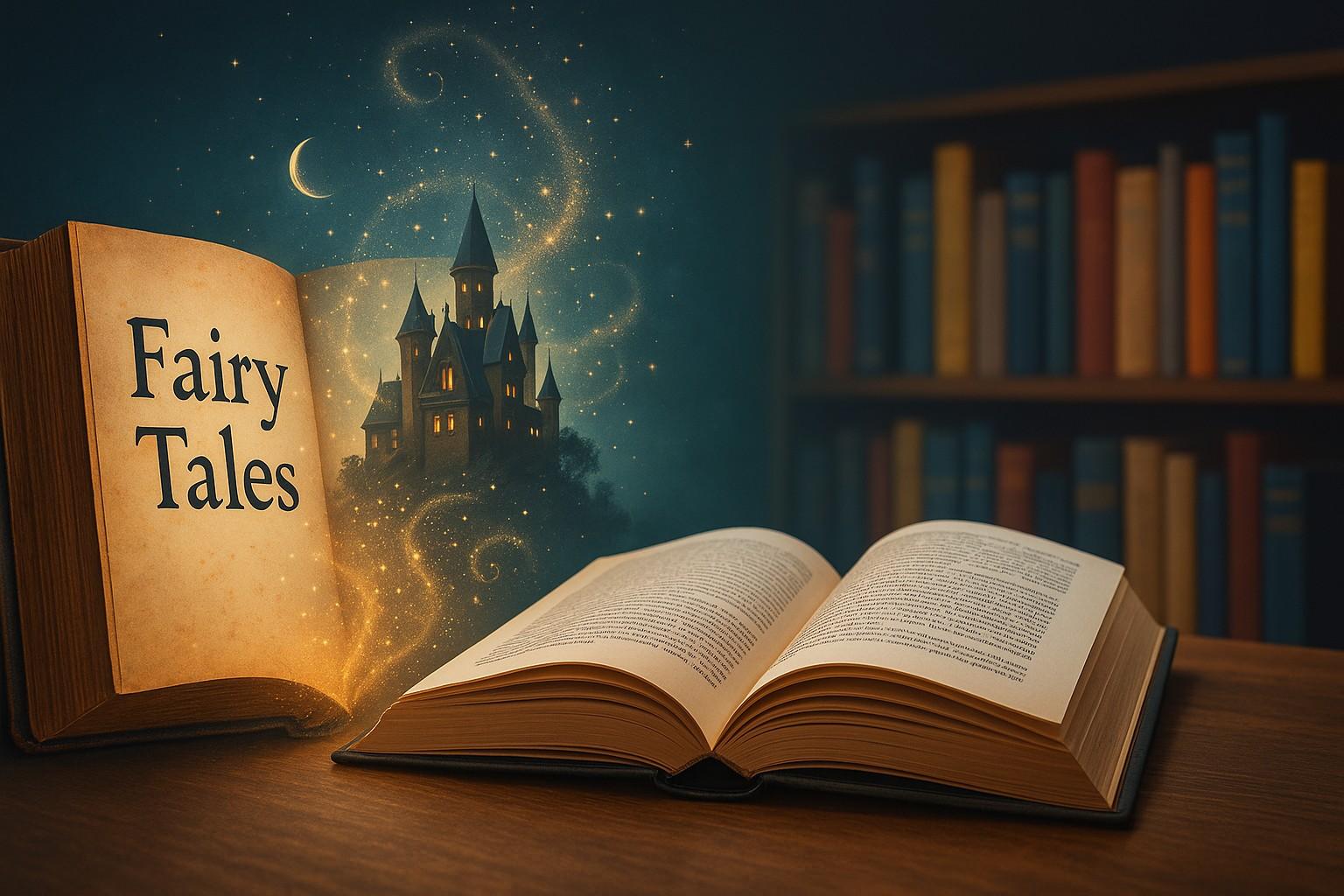 An open fairy tale book merging into a modern novel, surrounded by magical and contemporary literary elements symbolizing the fusion of traditional and modern storytelling.