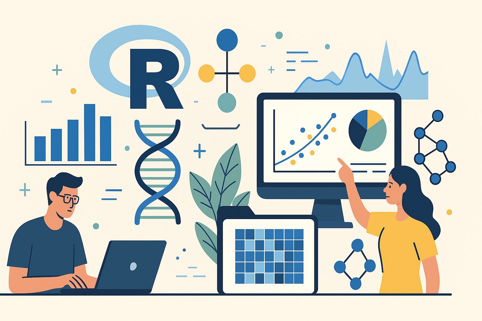Digital illustration showing data analysis, genomics, and bioinformatics concepts interconnected through R programming and Bioconductor tools.