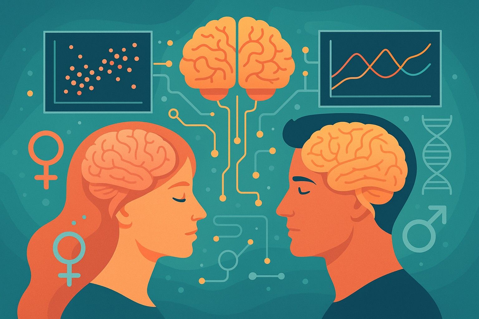 Digital illustration representing gendered differences in brain structure and neural pathways