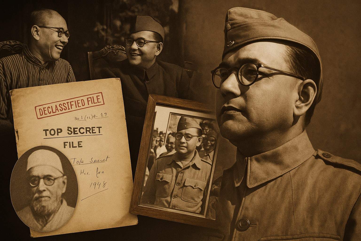 A collage showing historical elements related to Subhas Chandra Bose, including war archives, vintage planes, soldiers, and Southeast Asian landscapes.