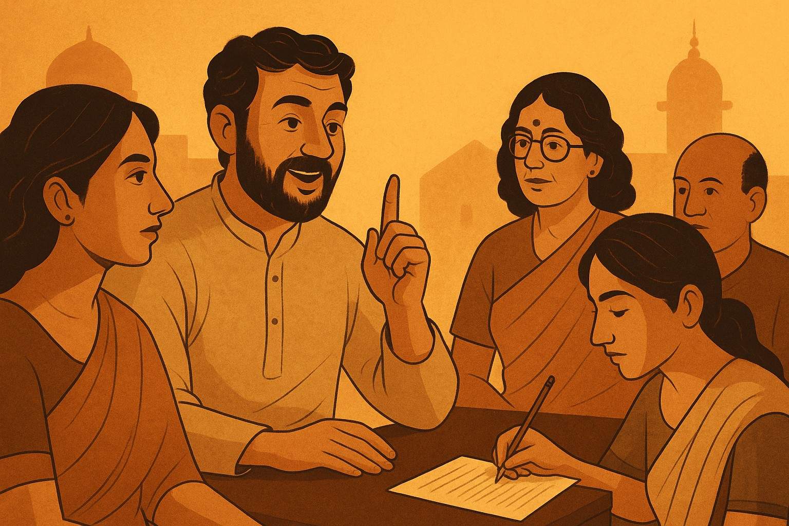 A digital illustration depicting five figures involved in storytelling, cultural exchange, and women's empowerment in contemporary Hindi literature, set against a vibrant landscape.