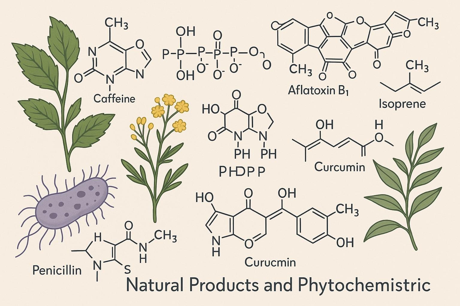 Illustration of natural product sources including plants, fungi, marine organisms, and bacteria
