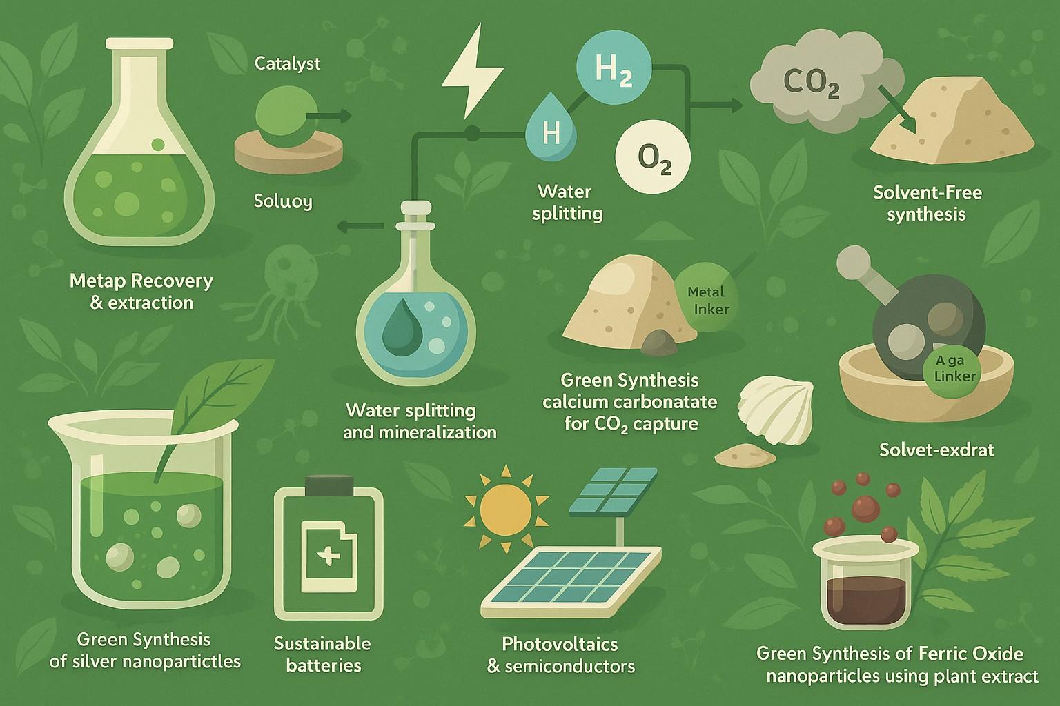 Sustainable green chemistry processes in inorganic chemistry shown in a flat landscape digital illustration