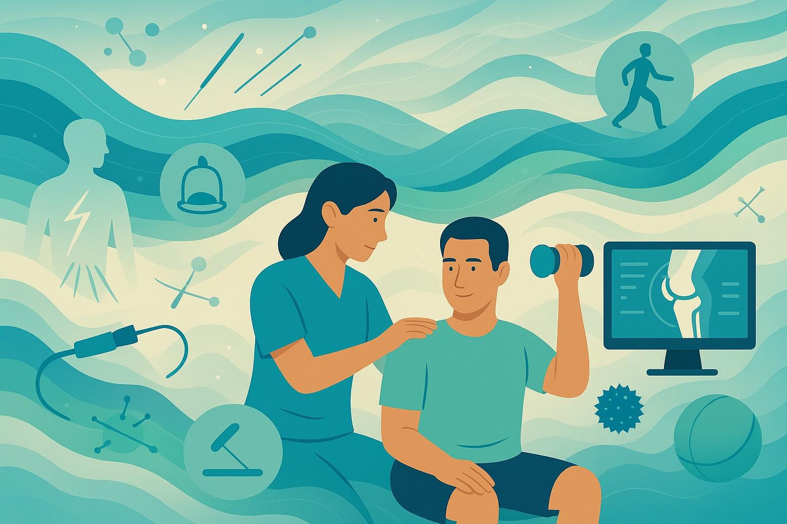 Modern physiotherapy techniques including dry needling, cupping, laser therapy, and kinesio taping for pain relief and rehabilitation